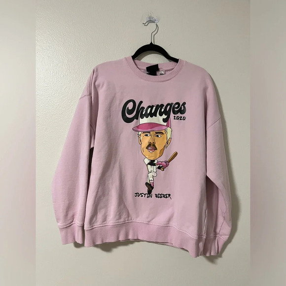 Justin Bieber Changes 2020 H&M pink baseball oversized crewneck size medium - Picture 1 of 5